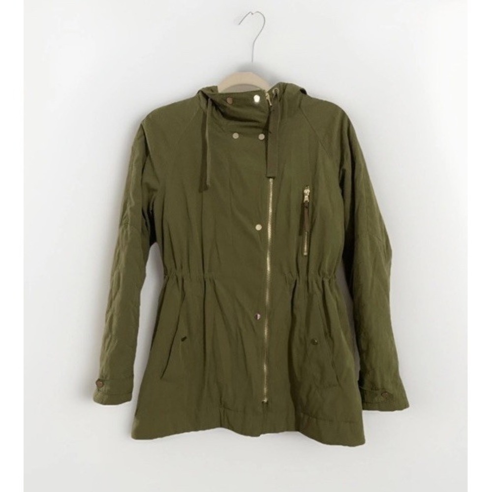 Zara Basic Women's Light Jacket‎ S Olive Green Utility Hooded Pockets Adj Waist